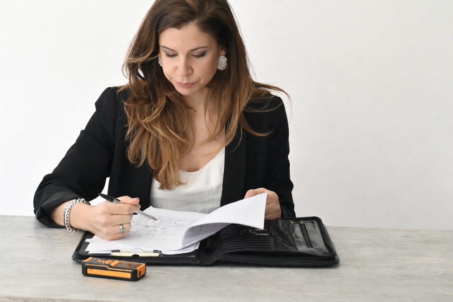 Valentina De Leon writing while reviewing project documentation